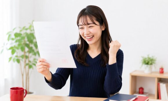 HSKの合格通知を受け取り喜ぶ中国語学習者