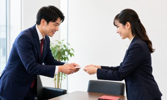 日中のビジネスパーソンが両手で名刺交換をする様子