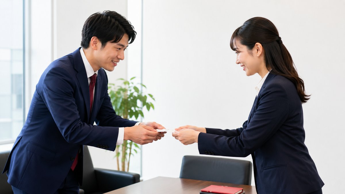 ビジネスシーンで名刺交換をする様子