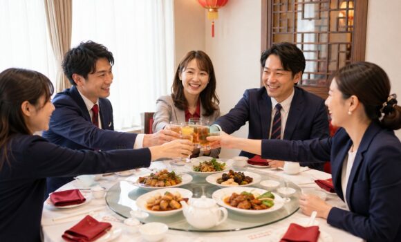 中華レストランの円卓でビジネス会食の乾杯をする様子