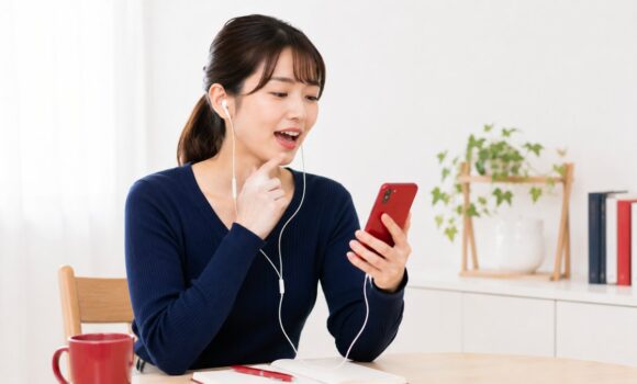スマートフォンの音声を聞きながらピンインの発音練習をする学習者
