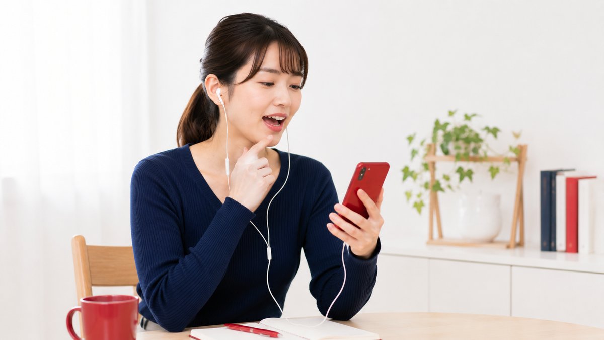 スマートフォンの中国語教材で発音練習をする受講生