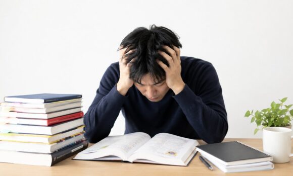 参考書を前に頭を抱える中国語の独学者