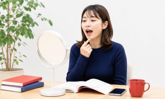 鏡で口の形を確認しながら中国語の発音練習をする学習者