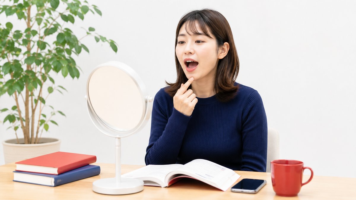 鏡を見ながら中国語の発音を練習する受講生