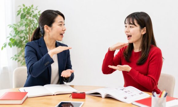 手の動きで声調を確認しながら発音練習をする中国語レッスン