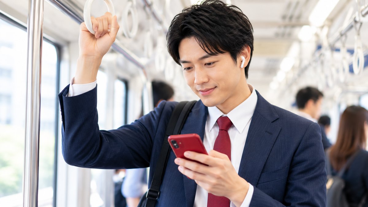 通勤電車でスマートフォンを使って中国語を学ぶ会社員