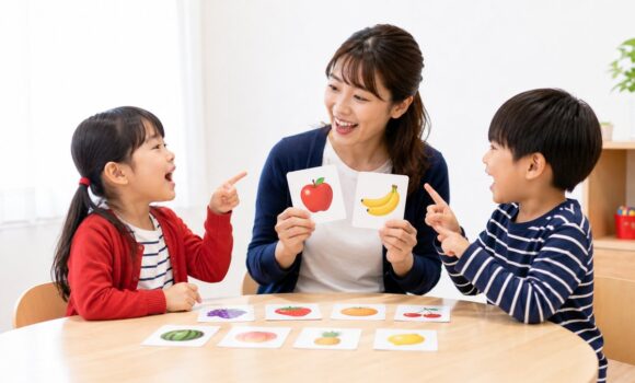 フラッシュカードで楽しく中国語を学ぶ幼児と先生