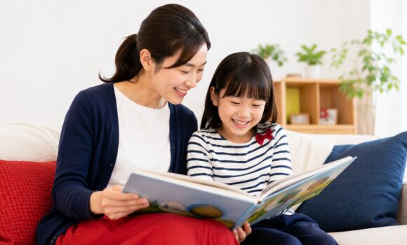 親子で絵本を読みながら中国語に親しむ様子