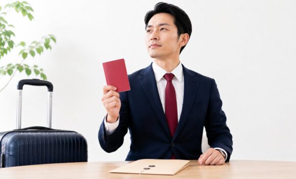 中国赴任を控えてパスポートを手に準備するビジネスパーソン