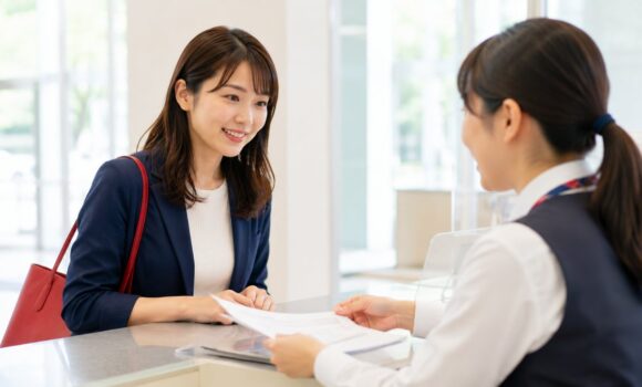窓口で給付金の手続きについて相談する様子
