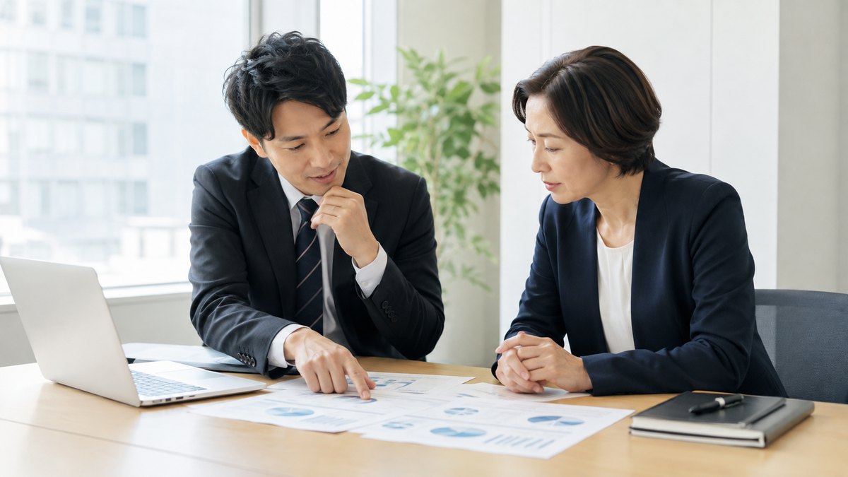 助成金の申請書類を前に研修計画を相談する人事担当者