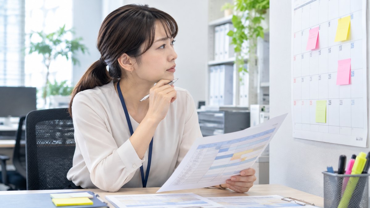 研修の開講日と申請期限を確認する総務担当者
