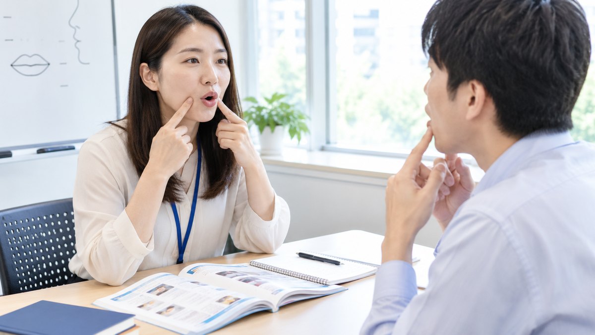 口の形を示しながら中国語の発音を指導する講師