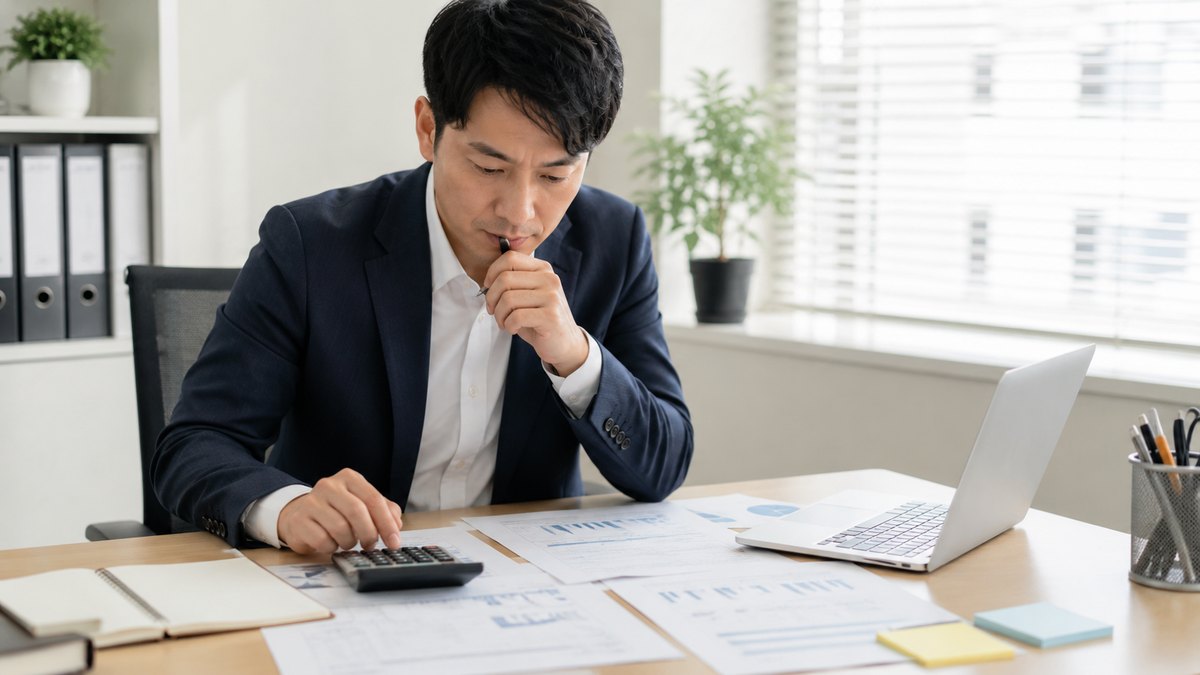 複数社の見積書を比べながら研修費用を試算する人事担当者