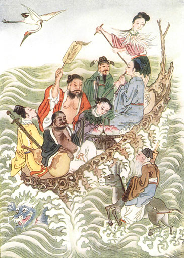 八仙過海図。舟に乗る七人の仙人と、驢馬に乗る張果老を描いた1922年の挿絵