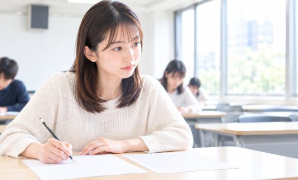 教室でリスニング試験に集中して取り組む受験者