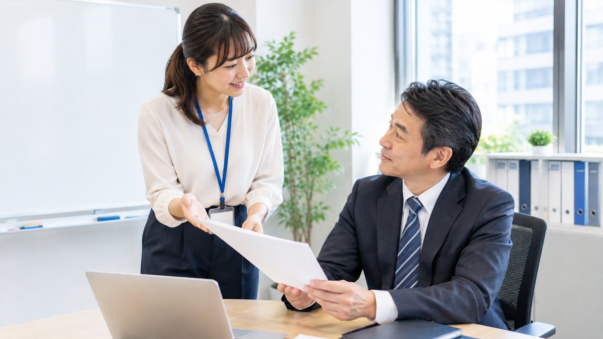 上司に研修の予算案を説明する担当者