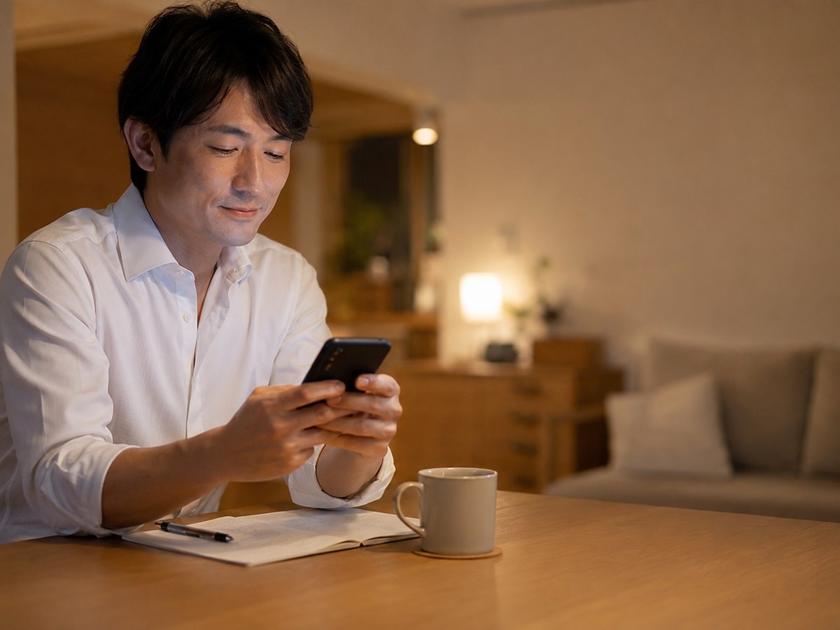 自宅でスマートフォンから学習を報告する受講生